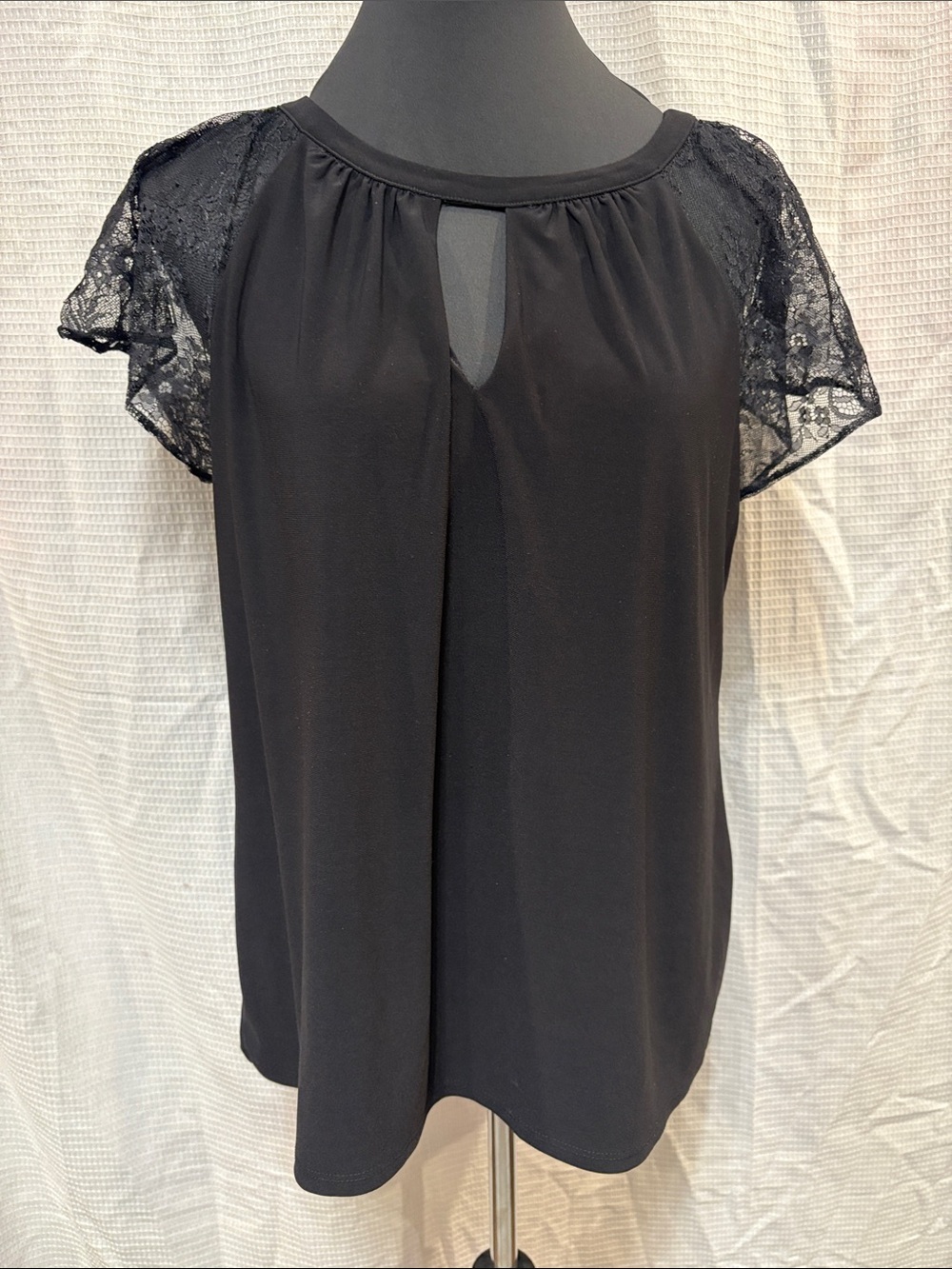 White House Black Market Black Lace-Sleeve Keyhole Blouse